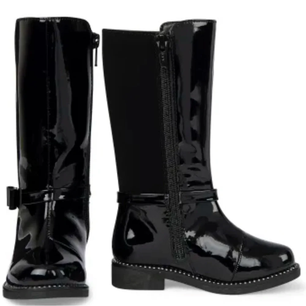 Black Patent Leather Rhinestone Riding Boots - Picture 1 of 6